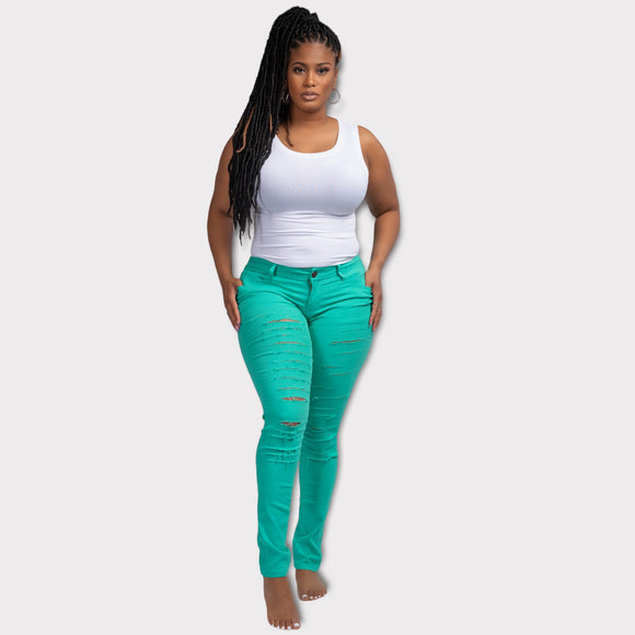 Distressed Stretch Pants (Teal)