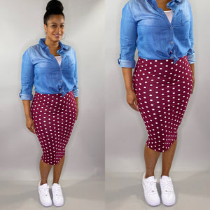 Burgundy Polka Dot Midi Skirt
