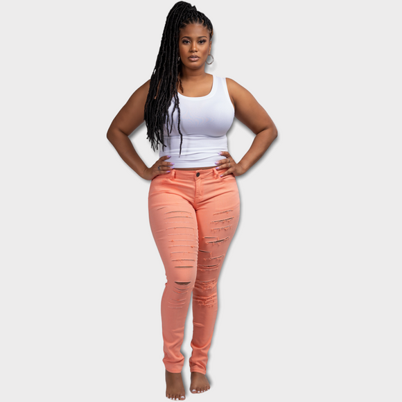 Distressed Stretch Pants (Peach)